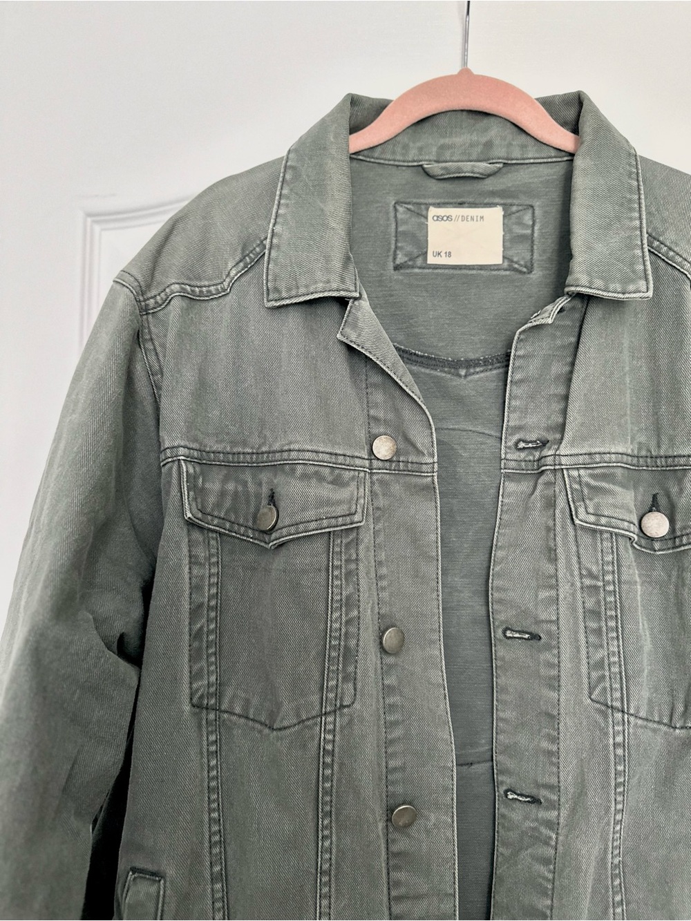 ASOS DIY Muted Green Vintage Wash Denim Jacket with Back Patch Design - Picture 3 of 8